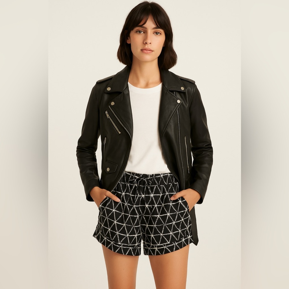 A.L.C. 100% Silk Ikat‎ Print Drawstring Shorts Black White Size 4
